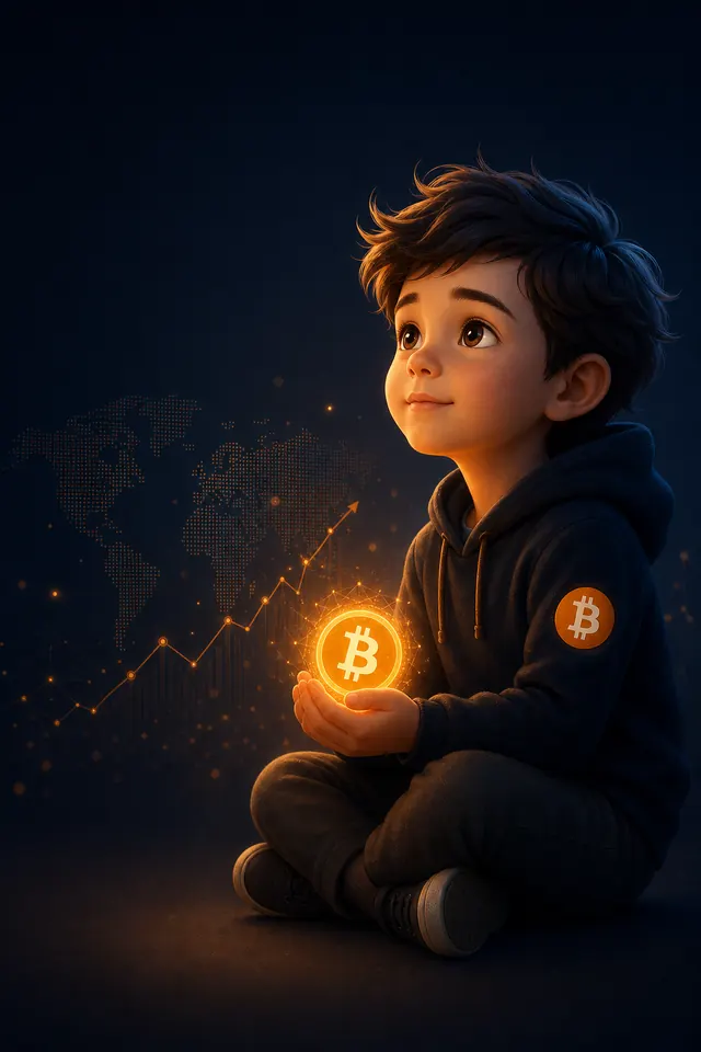 Animation-style child mascot holding a warm Bitcoin glow for BTC Window generational wealth branding